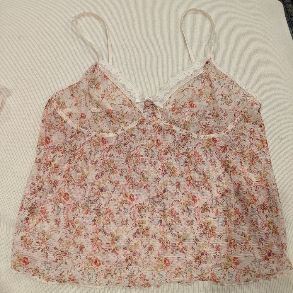 Stretchy Floral Mesh Camisole Tank w/Lace Detail